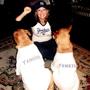 DeDe Murcer Moffett with the dogs dressed up in New York Yankees t-shirts